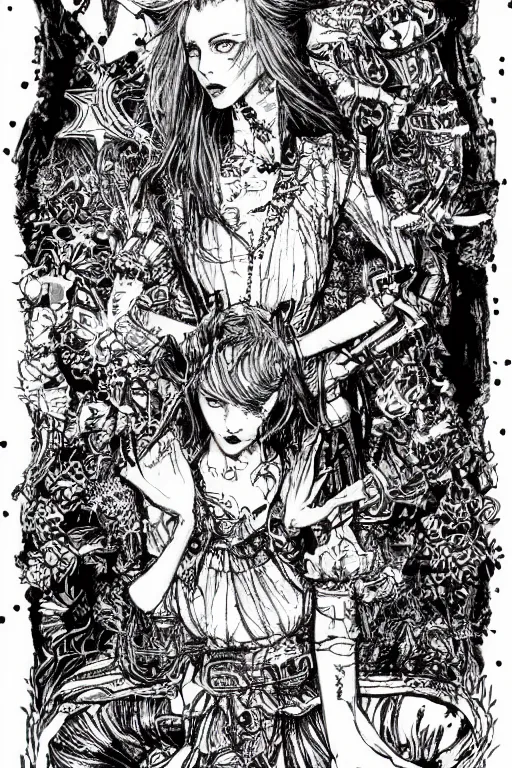 Image similar to Punk Alice in wonderland tarot card , pen and ink, intricate line drawings, by Yoshitaka Amano, Ruan Jia, Kentaro Miura, Artgerm, watercolor