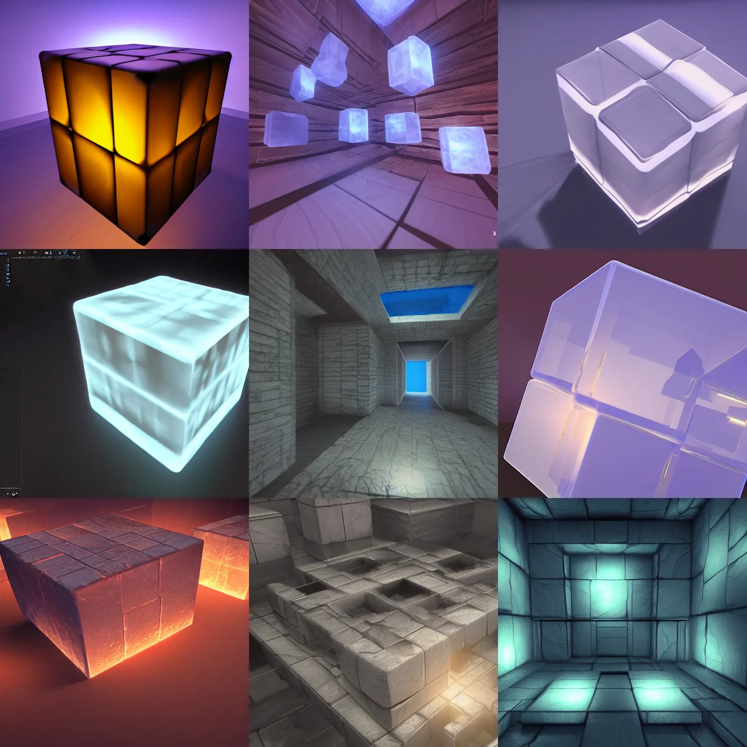 Prompt: Translucent Cube, stunning render, First-Person view, Cinematic Lighting, Unreal Engine, 8K, hyper detailed