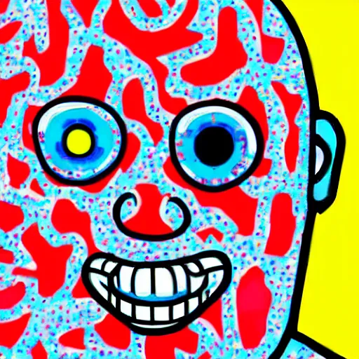 Prompt: close up of skinhead with 3 eyes and nice smile, eating ice cream clear blue sky vintage style,cyberpunk helmet with flowers, in the style of Yayoi Kusama