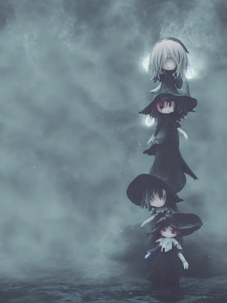 Prompt: cute fumo plush girl witch standing in reflective murky ghastly river water, otherworldly chibi gothic horror wraith maiden, lost in the void, hazy heavy swirling murky volumetric fog and smoke, moonglow, lens flare, rule of thirds vray