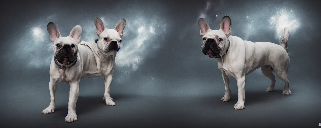 Image similar to editorial illustration by Karolis Strautniekas and Mads Berg synthwave, full body portrait of a white french bulldog with black spots, colorful, fine texture,detailed, muted colors,film noir, dramatic lighting, dynamic composition,moody, vivid, matte print,(((space nebula background)))