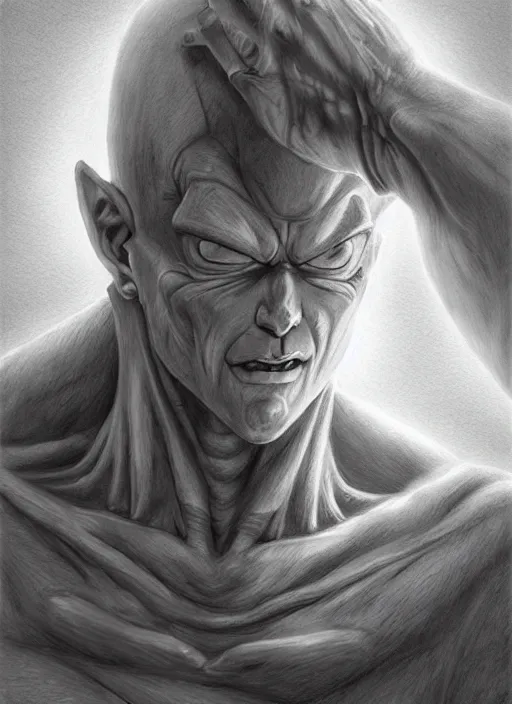 Image similar to realistic portrait pencil sketch of frieza, old mystic ruins, afternoon, intricate, elegant, highly detailed, digital painting, sharp, focus, by artgerm and greg rutkowski