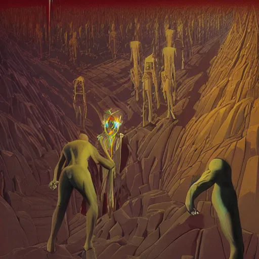 Image similar to the scene opens upon a bleeding android priest who is tending to his flock of children who are made of brilliant clear crystal, epic scope, cinematic, rule of thirds, hyperrealistic, 8 k, intricate detail, ultra detail, cyberpunk, superpop ultrabright, in the style of moebius, in the style of zdzisław beksinski.