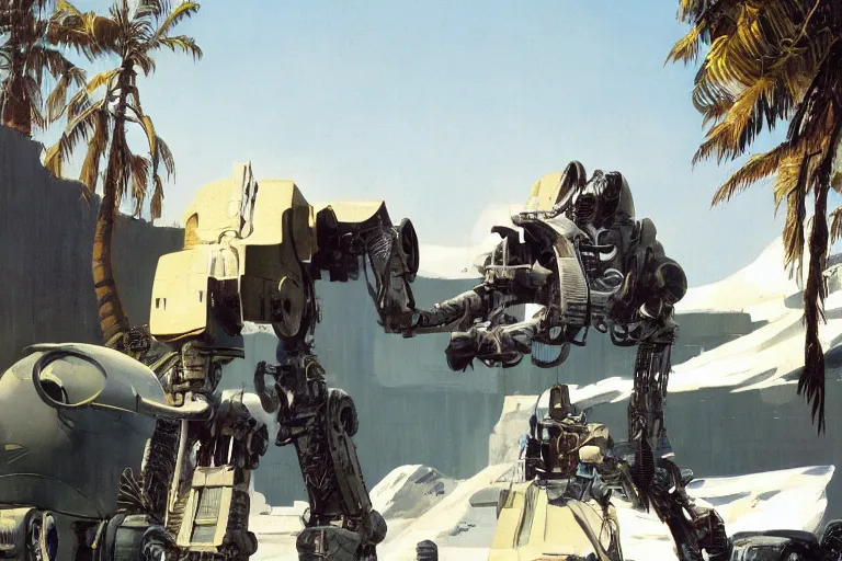 Image similar to natural american landscape | robot repairing another robot | palm trees | snowy mountains, painting by syd mead and weta studio and james jean, frank frazetta, highly detailed, rule of third, soft lighting, 8 k resolution, oil on canvas, architectural magazine, beautiful detailed, insanely intricate details, artstation trending, hypermaximalistic, high details, cinematic