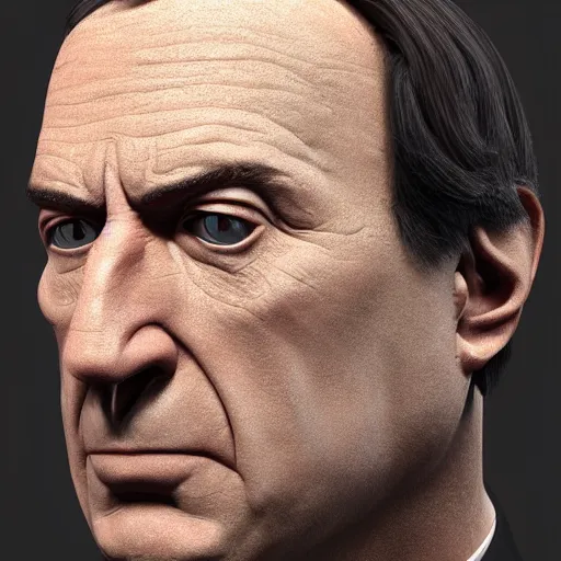 Prompt: “ wide angle photorealistic closeup 8 k of saul goodman 3 d model face ”