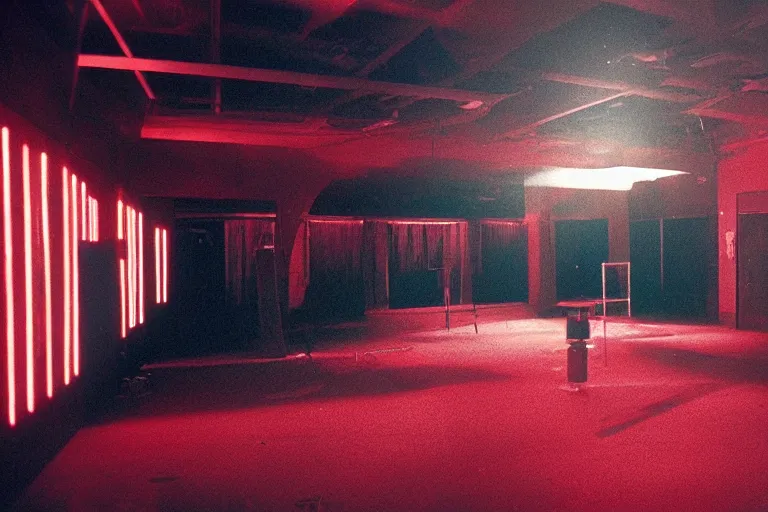 Image similar to a dark conference hall, half full, atmospheric and obscure, red neon light, by roger deakins, cinematography, syd mead