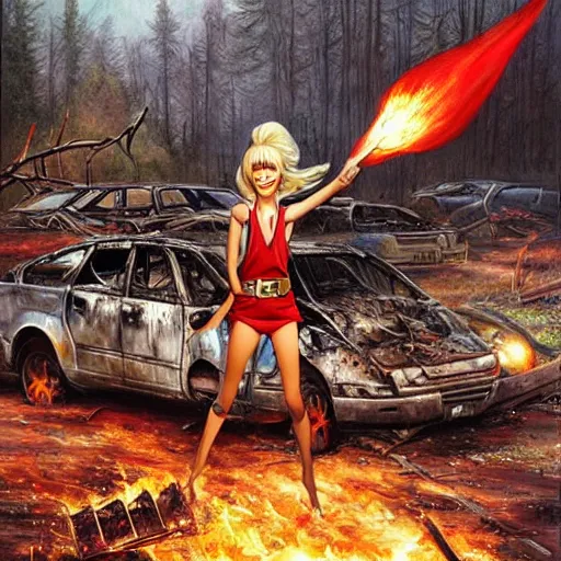 Image similar to a skinny fantasy elf with spiky blonde hair wearing dark brown overalls and holding a firecracker standing next to a destroyed car, painting by artgerm