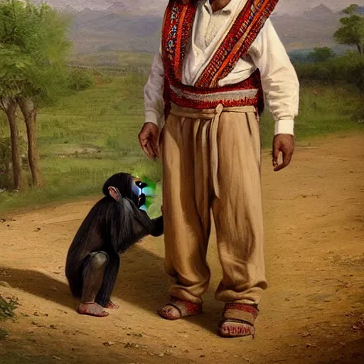 Image similar to beautiful painting by sophie anderson of a chimpanzee wearing traditional men kurdish clothes baggy pants and white shirt with a large sash tied around the waist in a kurdish village, award winning art, insanely detailed, bright colors, global illumination, cute, young, stunning