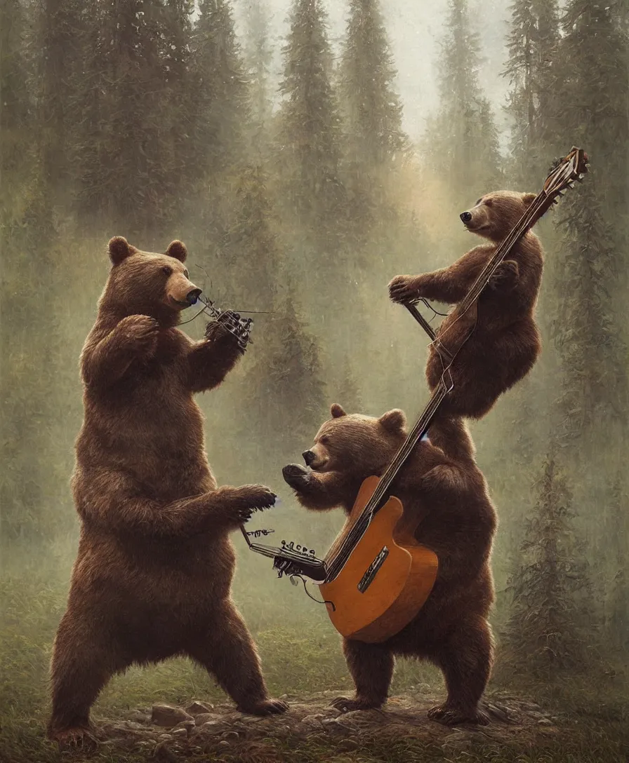 Image similar to realistic bear playing guitar, illustrated by Simon Stålenhag and Gaston Bussiere, intricate, ultra detailed, photorealistic, trending on artstation