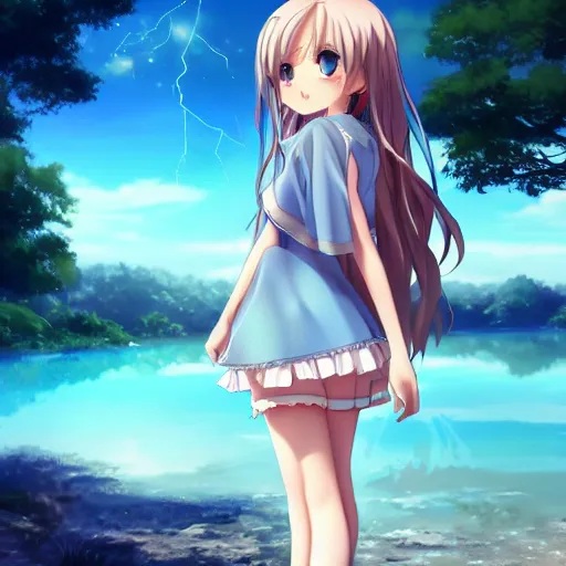 Prompt: a very beautiful anime cute girl, full body, long wavy blond hair, sky blue eyes, full round face, short smile, fancy top, miniskirt, front view, summer lake setting, cinematic lightning, medium shot, mid-shot, highly detailed, trending on Artstation, Unreal Engine 4k, cinematic wallpaper by Stanley Artgerm Lau, WLOP, Rossdraws, and Sakimichan