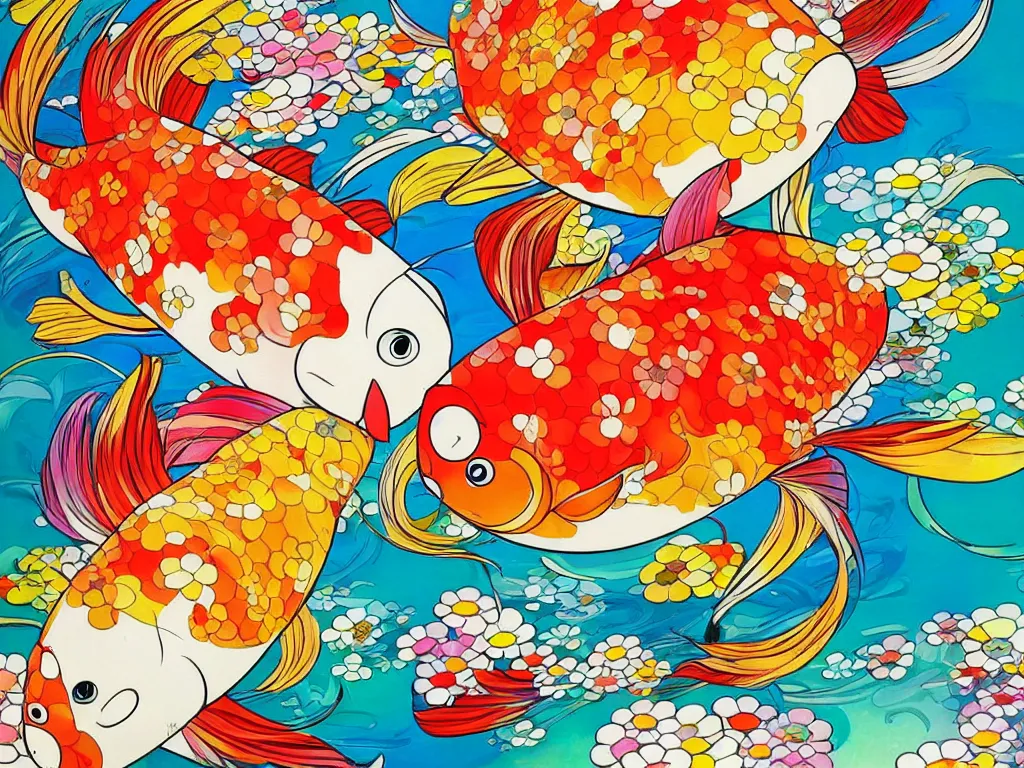 Image similar to colorful koi carp, illustration, concept art, colorful, beautiful, studio ghibli, takashi murakami, aoshima chiho, manga, cute and adorable