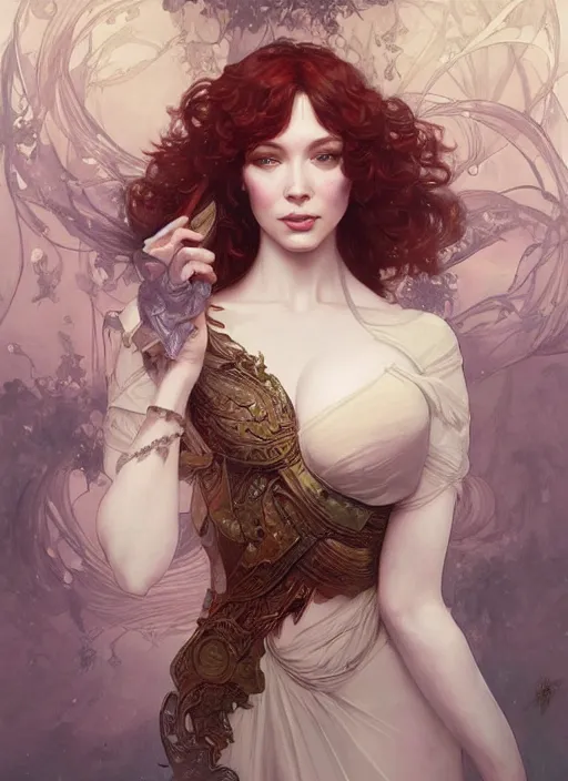 Image similar to Christina Hendricks, fantasy, intricate, elegant, highly detailed, digital painting, artstation, concept art, smooth, sharp focus, illustration, art by artgerm and greg rutkowski and alphonse mucha