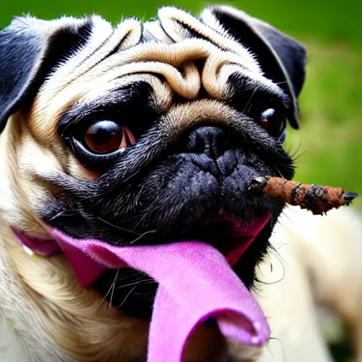 Image similar to pug with a rolled up spliff in its mouth with smoke, photo realistic, dslr camera