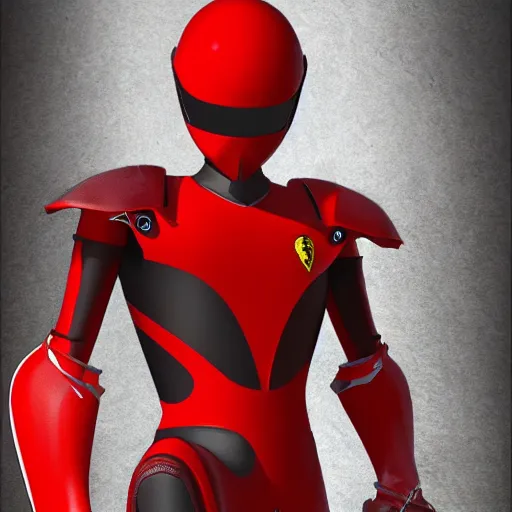 Image similar to Tokusatsu character based on Ferrari, red mechanical skinny body, chest plate with Ferrari logo, stylized motorcycle helmet, full body, unreal engine, 3D model