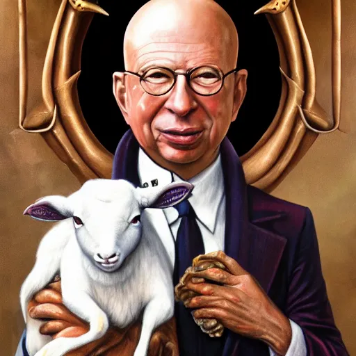 Image similar to a detailed fantasy character painting of Klaus Schwab with devil horns on his head, he has a forked tongue like a snake and black eyes, holding a lamb, dressed like Jesus Christ, by lauri blank, artgerm, evelyn de morgan, 8K, 50mm lens