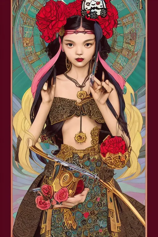 Prompt: Death tarot card design portraying Hello Kitty in ancient Java style, D&D, MtG art,fantasy, intricate, elegant, highly detailed, digital painting, artstation, concept art, smooth, sharp focus, hyperrealistic,illustration, art by artgerm and greg rutkowski and alphonse mucha