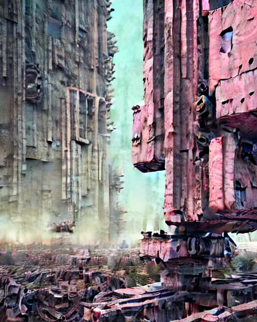 Image similar to hyperrealistic highly detailed exoskeleton mecha iridescent pink brutalist city ruins background concept art santiago caruso de chirico sharp very dramatic green light 8k low angle shallow depth of field