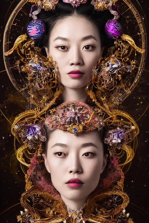 Image similar to a beautiful empress portrait, singular subject, with a brilliant, impossible striking big cosmic galaxy headpiece, clothes entirely made out of cosmos chaos energy, symmetrical, dramatic studio lighting, rococo, baroque, jewels, asian, hyperrealism, closeup, D&D, fantasy, intricate, elegant, highly detailed, digital painting, artstation, octane render, 8k, concept art, matte, sharp focus, illustration, art by Artgerm and Greg Rutkowski and Alphonse Mucha