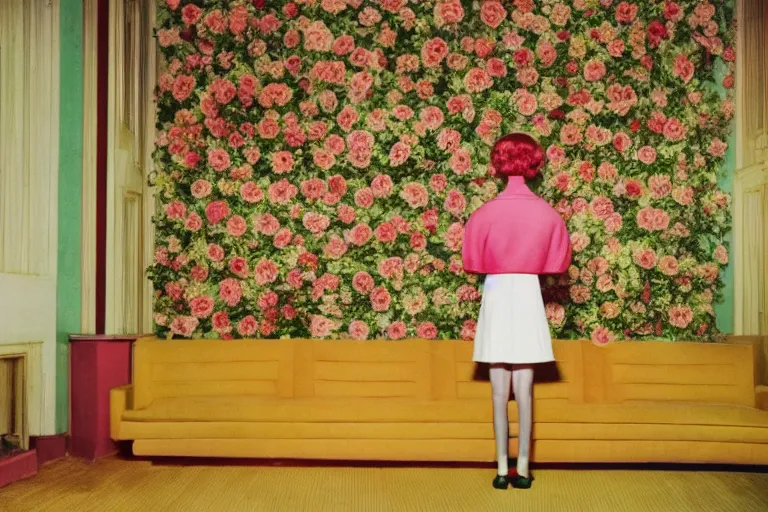 Image similar to giant flower head, girl standing in 1 9 6 0 s hotel, surreal photography, symmetry, mid century, liminal space, bright colours, wes anderson