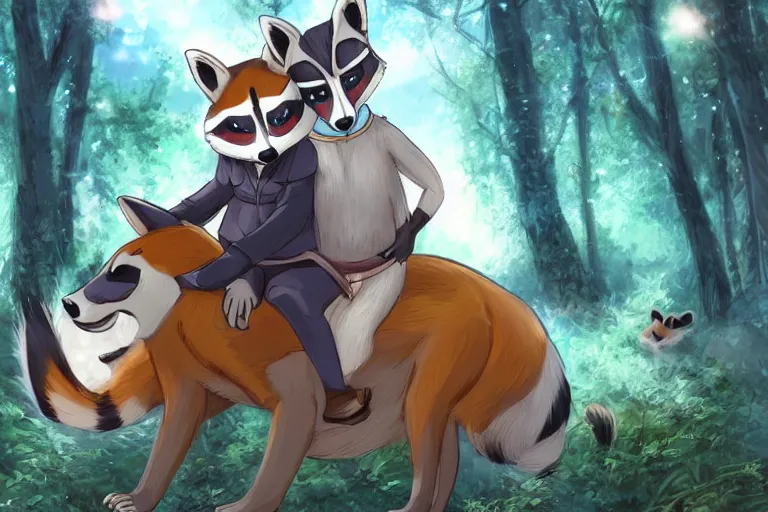 Prompt: an anthro anthro raccoon, riding an oversized fox through a forest, glowing with silver light, today's featured anime still, 1 6 k, character design, furry art, furaffinity