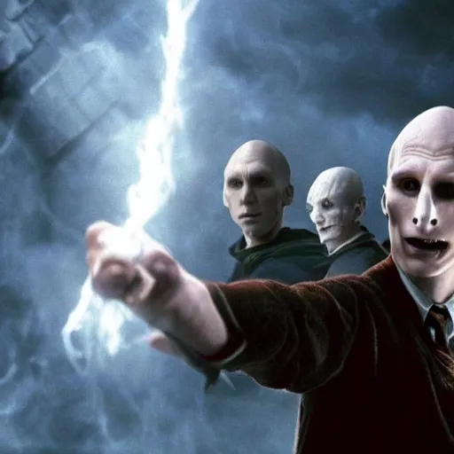 Image similar to The photo of Harry Potter teaming up with the Voldemort and attacking Hogwarts. Movie scene, dark scene.