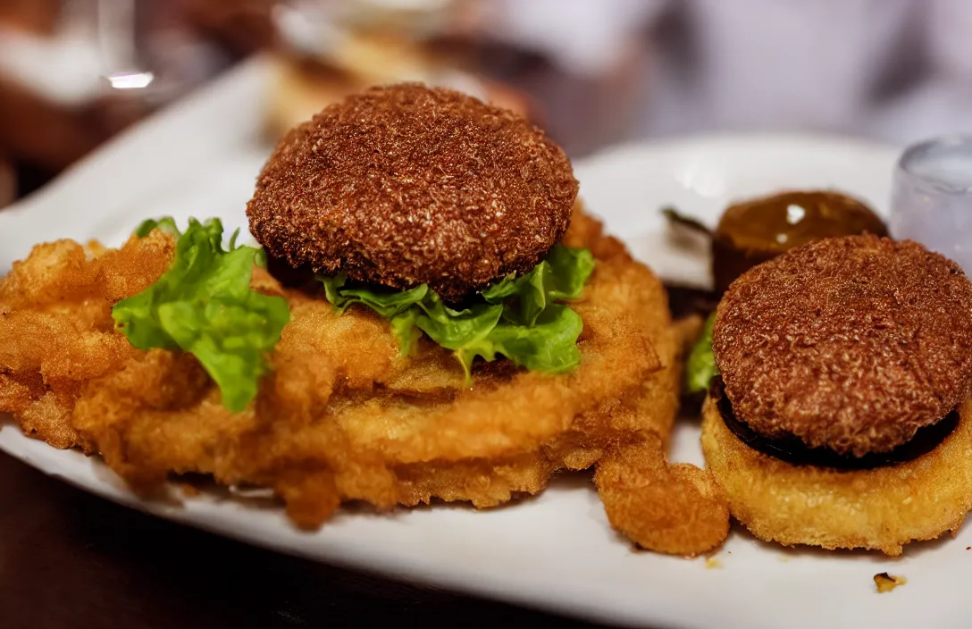 Prompt: deep fried Hamburger, food photography, award winning, Michelin restaurant