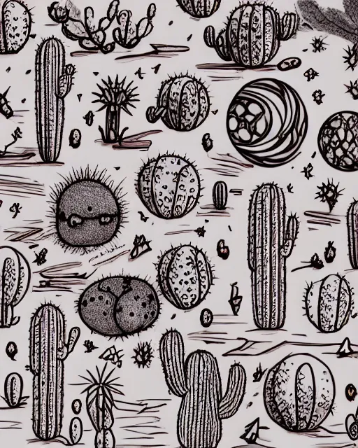 Prompt: detailed sketch of a cactus, pencil, red and white pattern, mysterious desert, two moons, 8 k, by studio ghibli, trending on deviantart, hyper detailed