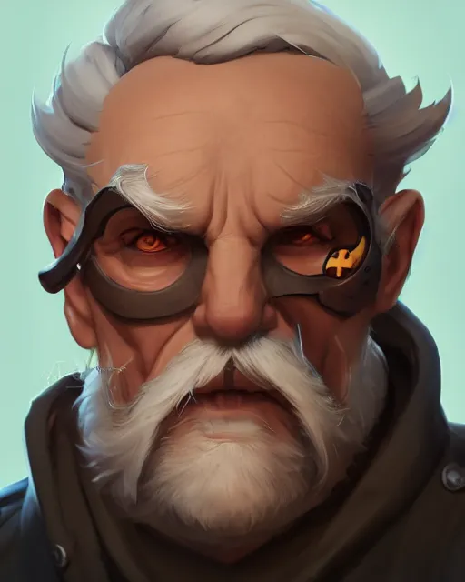 Prompt: overwatch concept art character portrait of a new character who is an elderly man with a scarred face and long mustache and eyepatch, trending on artstation, cgsociety,