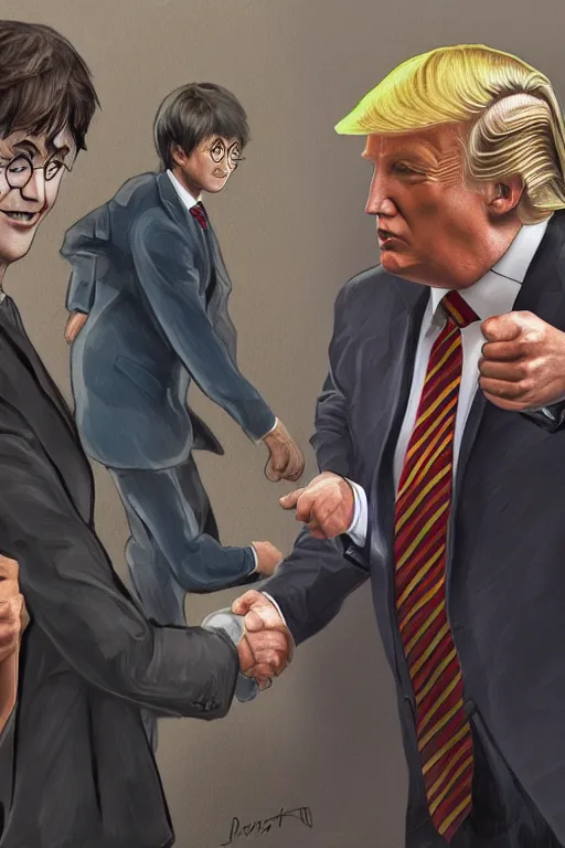 Image similar to harry potter shaking hands with donald trump, highly detailed, digital art, sharp focus, trending on art station