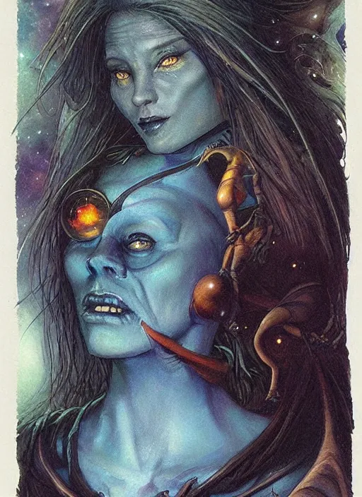 Image similar to portrait of female space goblin, night sky background, beautiful! coherent! by brom, by brian froud, deep color, strong line, high contrast