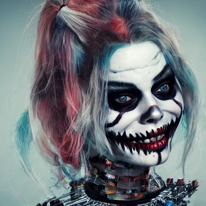 Image similar to portrait of Margot Robbie as a skeleton harley quinn. intricate abstract. intricate artwork. by Tooth Wu, wlop, beeple, dan mumford. octane render, trending on artstation, greg rutkowski very coherent symmetrical artwork. cinematic, hyper realism, high detail, octane render, 8k, iridescent accents