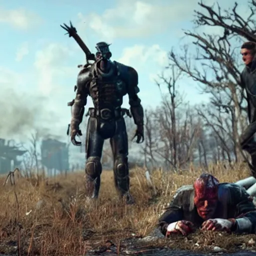 Image similar to fallout 4 movie still, a raider crying over roadkill,