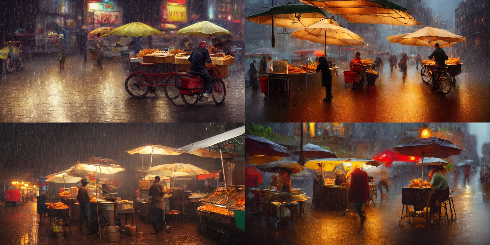 Prompt: Street food vendor prepares your meal as it rains, cozy wallpaper, 4k, high details, volumetric dynamic lighting, motion blur, blur, bokeh, trending on Artstation, award-winning, art by Chris Moore, by Greg Rutkowski