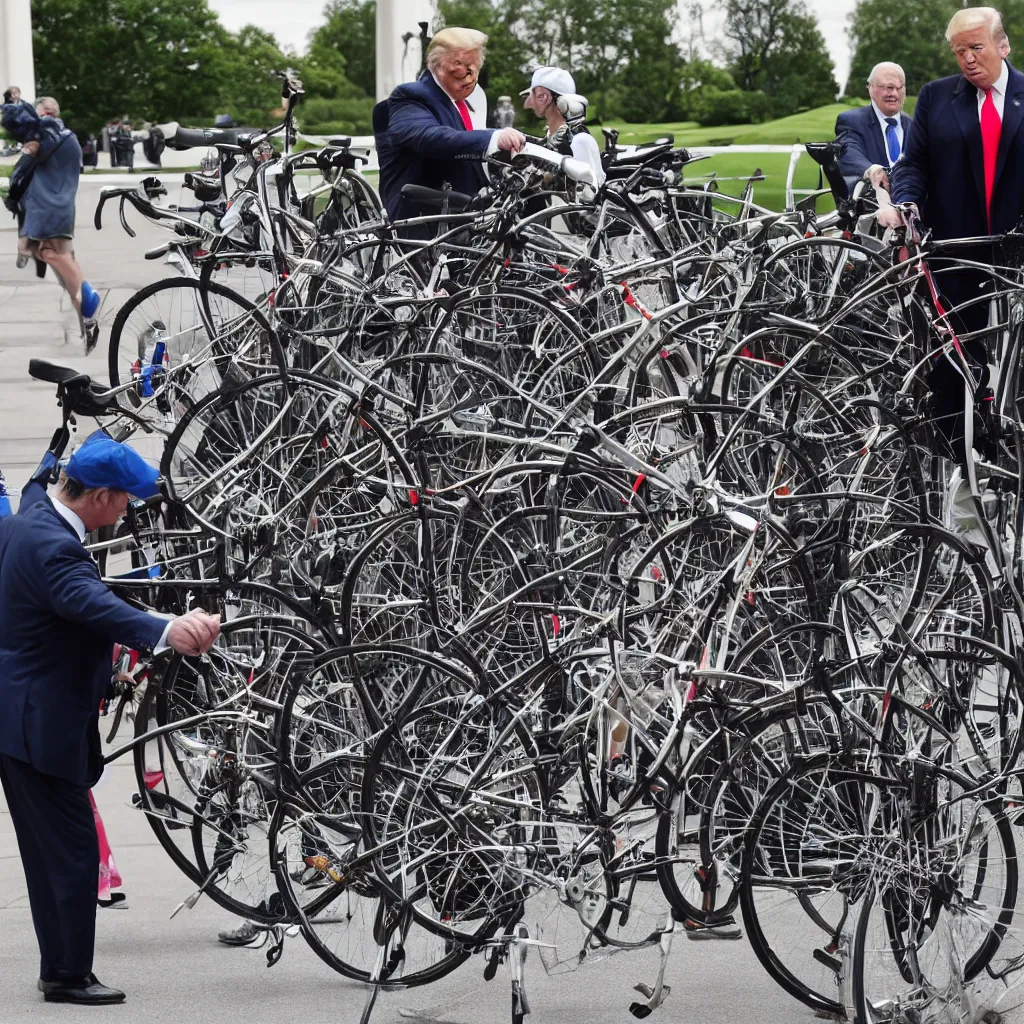 Image similar to trump repairs one bicycle outside the white house