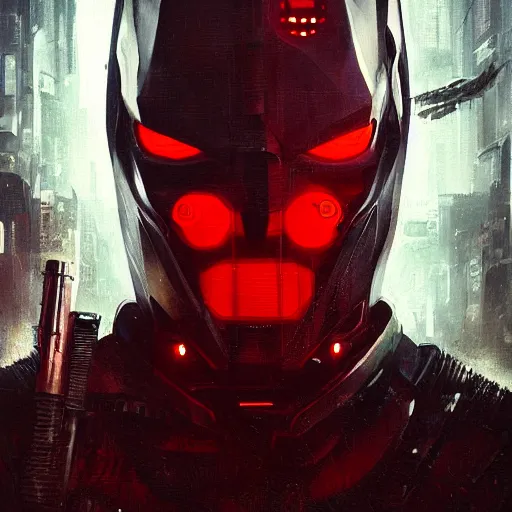 Prompt: cyberpunk batman with fullface mask, red bat logo, full shot, moody, futuristic, city background, brush strokes, oil painting, greg rutkowski