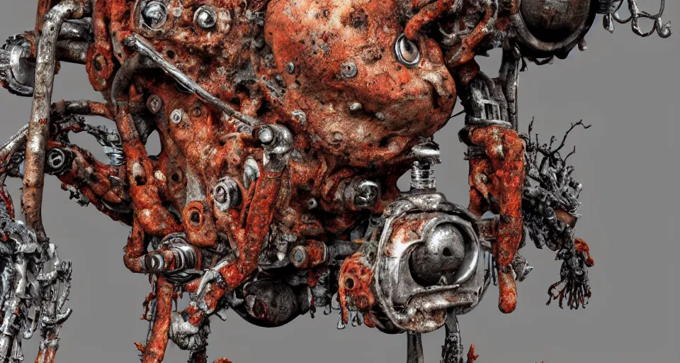 Image similar to Techno-biological rusty tank consisting of tumors, meat, veins, bones, guts, kidneys, wires. Double cannon. Biopunk, body-horror, high detail, photorealism, full length view, very rust, concept art, octane render, 16k, 8k