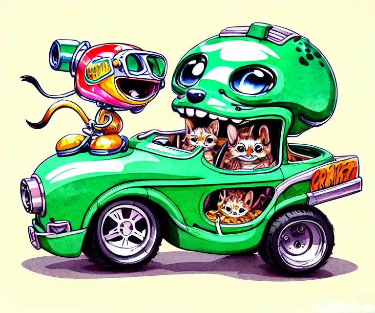 Prompt: cute and funny, margay wearing a helmet driving a tiny hot rod with an oversized engine, ratfink style by ed roth, centered award winning watercolor pen illustration, isometric illustration by chihiro iwasaki, edited by craola, tiny details by artgerm and watercolor girl, symmetrically isometrically centered