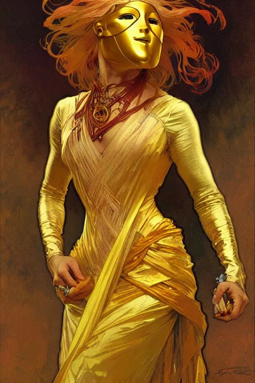 Image similar to A woman wearing golden mask, hair like fire, painting by greg rutkowski and alphonse mucha