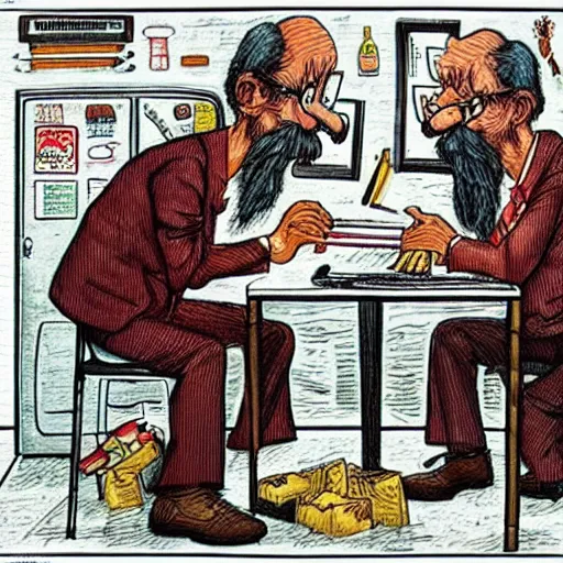 Image similar to The Artwork of R. Crumb and his Sad Accountant, pencil and colored marker artwork, trailer-trash lifestyle