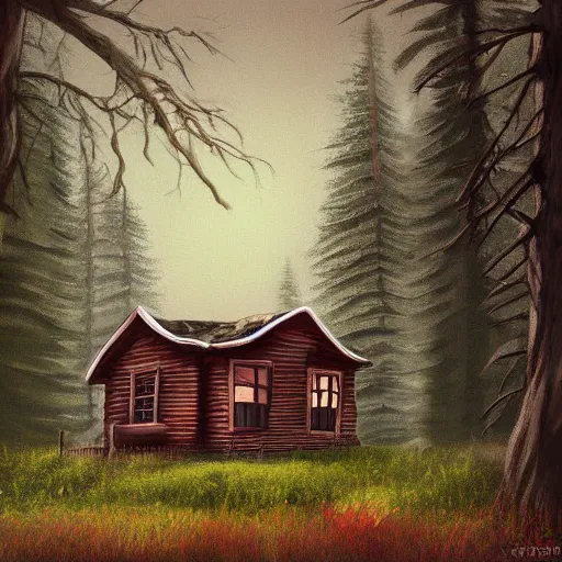 Image similar to a painting of a eerie cabin in the middle of the woods in the style of digital art