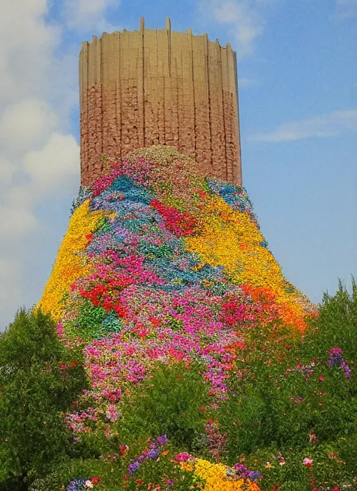 Prompt: colored photo, the tower of babylon, covered in flowers, brutalist