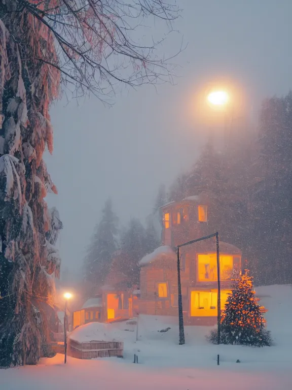 Image similar to product shoot of a snow globe of tiny soviet residential building, lights are on in the windows, cozy atmosphere, fog, cold winter, snowing, streetlamps with orange volumetric light, birches