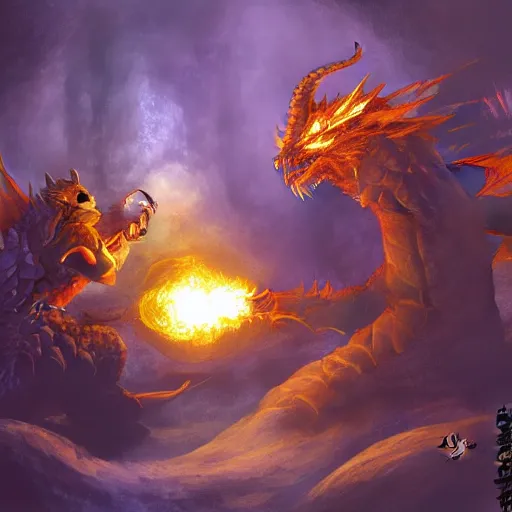 Prompt: ginger man in a purple t-shirt fights a fire breathing dragon in a room filled with dragon eggs, painted, by Hidetaka Miyazaki, high fantasy, concept art