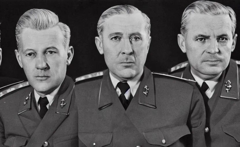 Image similar to 50s movie still close-up portrait of three individual elder soviet generals with very diverses faces in a stalinist style hall, by Irving Penn, Cinestill 800t 50mm black and white, heavy grainy picture, very detailed, high quality, 4k, HD criterion, precise texture, facial precision, diverse haircuts, diverse ages, each faces precisely define