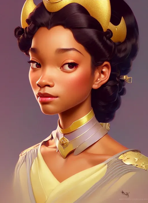 Image similar to portrait of disney tiana, intricate, elegant, highly detailed, my rendition, digital painting, artstation, concept art, smooth, sharp focus, illustration, art by artgerm and greg rutkowski and alphonse mucha and uang guangjian and gil elvgren and sachin teng, symmetry!!