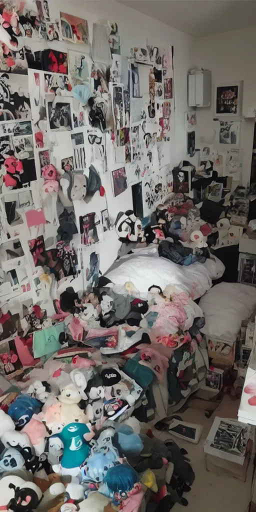 Image similar to a hikikomori neets bedroom, comme des garcon campaign, anime figurine collection, messy, highly detailed # no filter, realistic