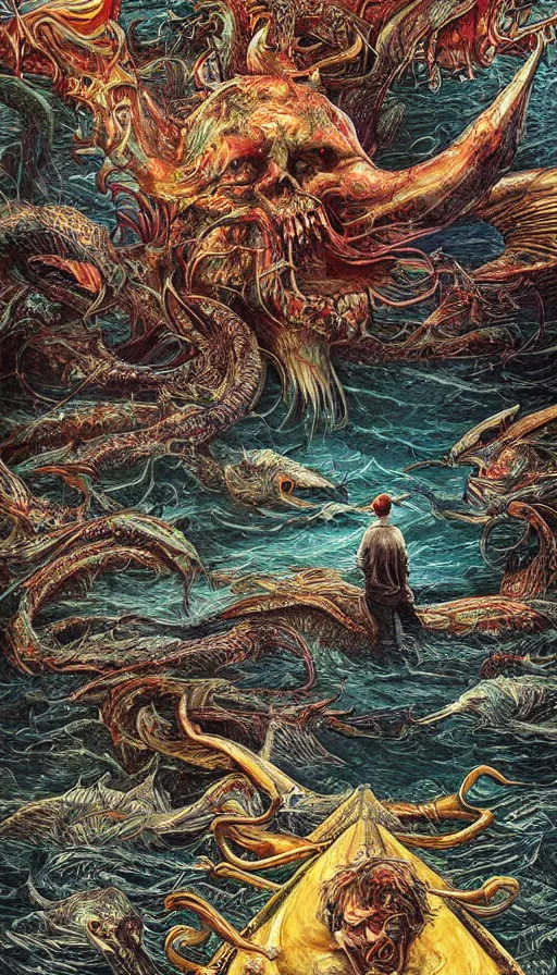 Prompt: man on boat crossing a body of water in hell with creatures in the water, sea of souls, by android jones,