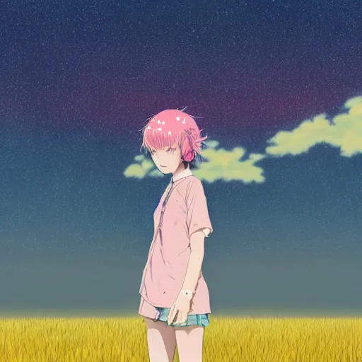 Image similar to a super detailed moe protagonist girl with pink hair in a field by inio asano, beeple and james jean, aya takano color style, 4 k, super detailed, night sky, digital art, digital painting, celestial, majestic, colorful