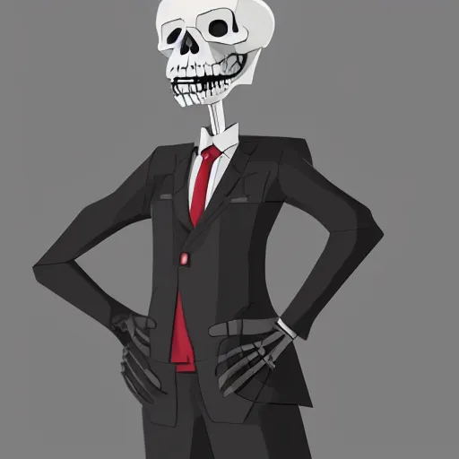 Prompt: an skeleton businessman posing for the camera, angled shot, sharp lines, digital, artstation, colored in