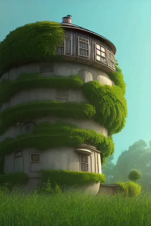 Image similar to cylindrical house, solarpunk, studio ghibli, jean - baptiste monge, octane render, 4 k